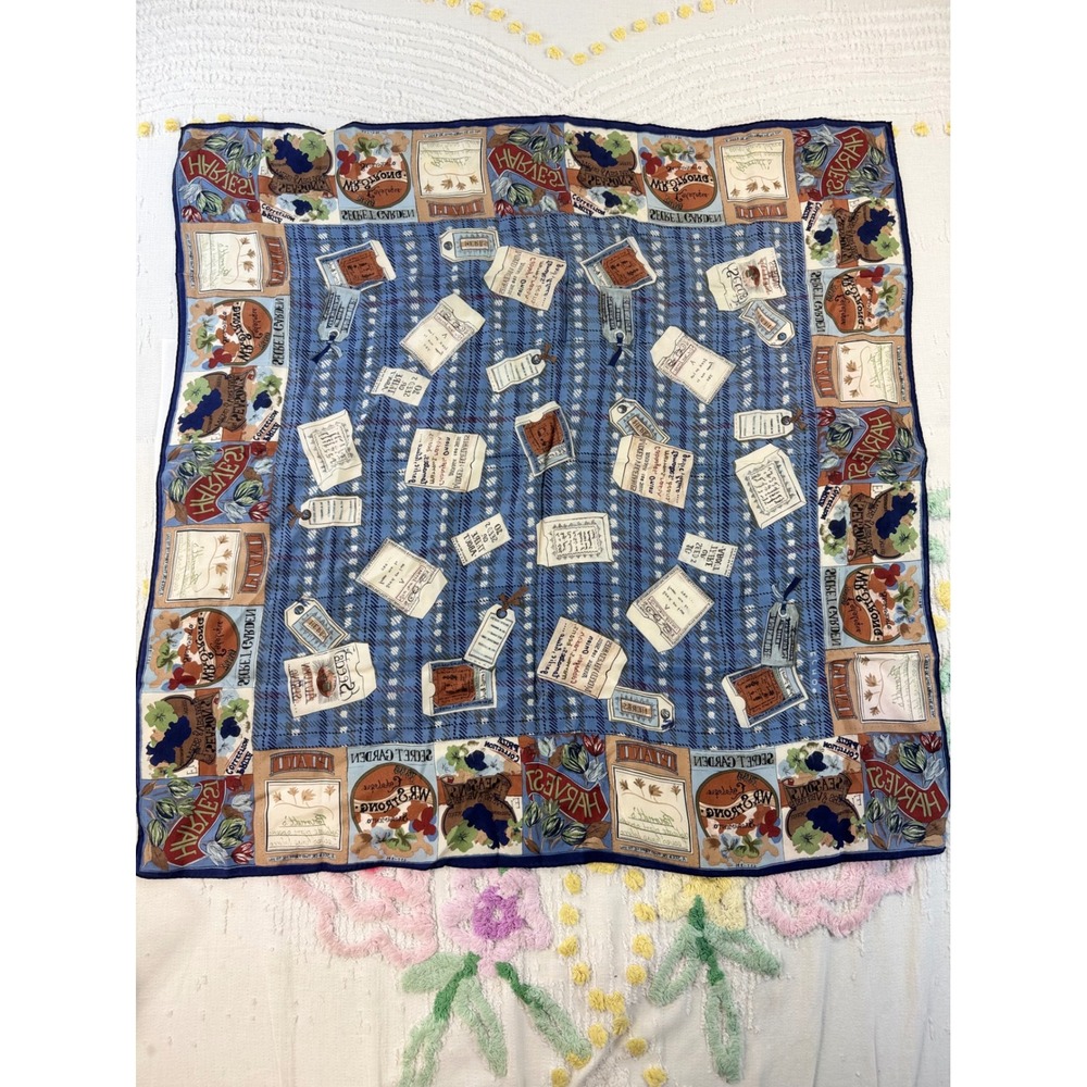 Echo Silk Scarf Blue Vintage Garden Seed Packet Harvest Botanical Square 31x31